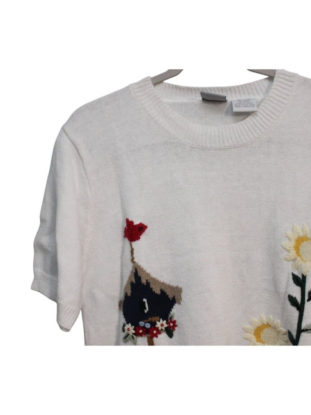 Vintage Knit Sweater Medium Embroidered Floral Grandma Cottagecore Ramie Gingham - Picture 5 of 11